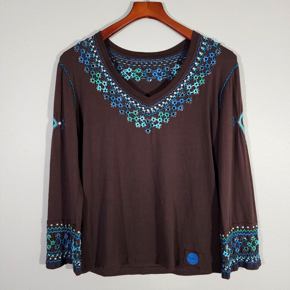 DOUBLE D RANCH Embroidered & Studded Brown Long Sleeved Shirt